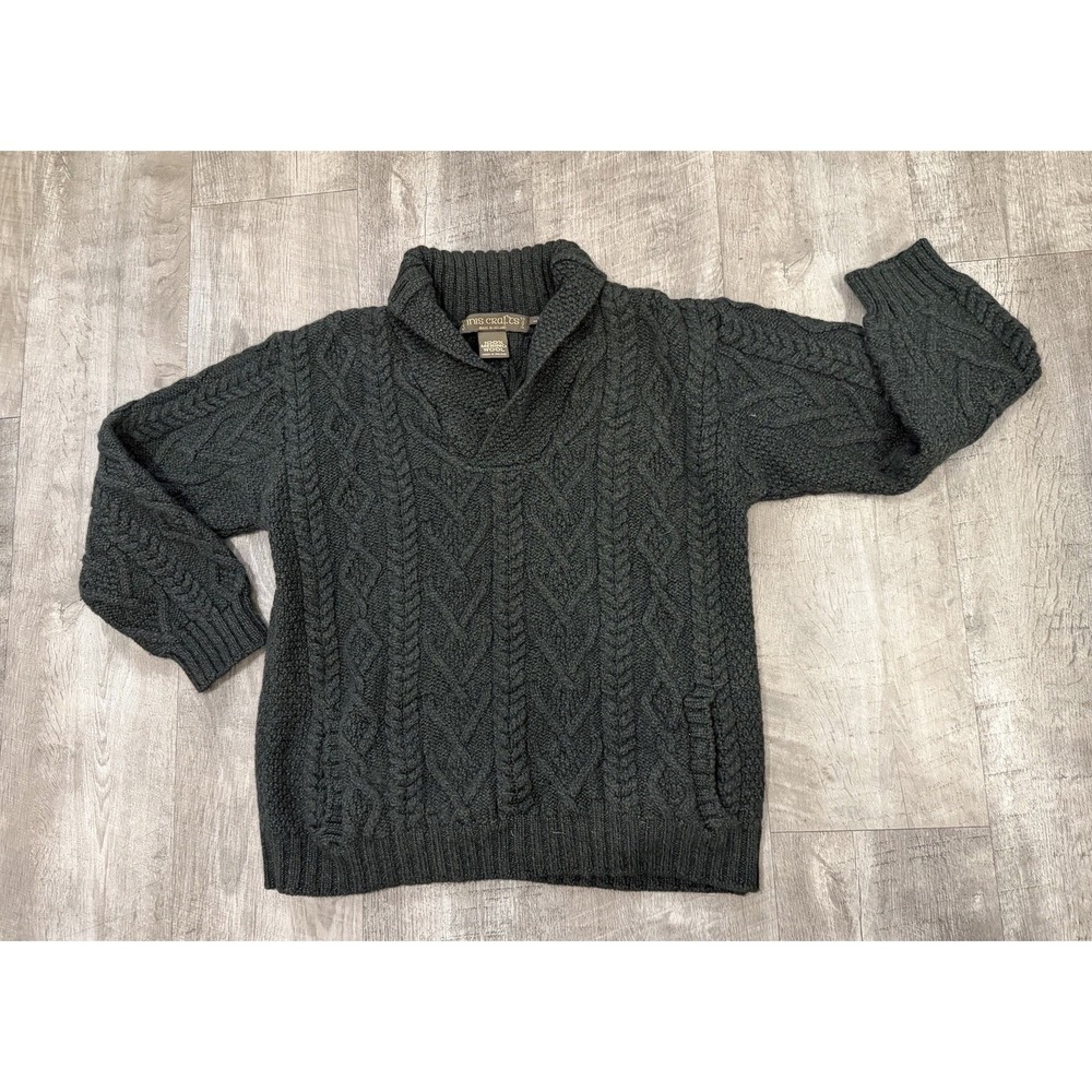 Inis Crafts 90s Ireland Large Wool Cable Knit Mock Neck Fisherman Sweater Green